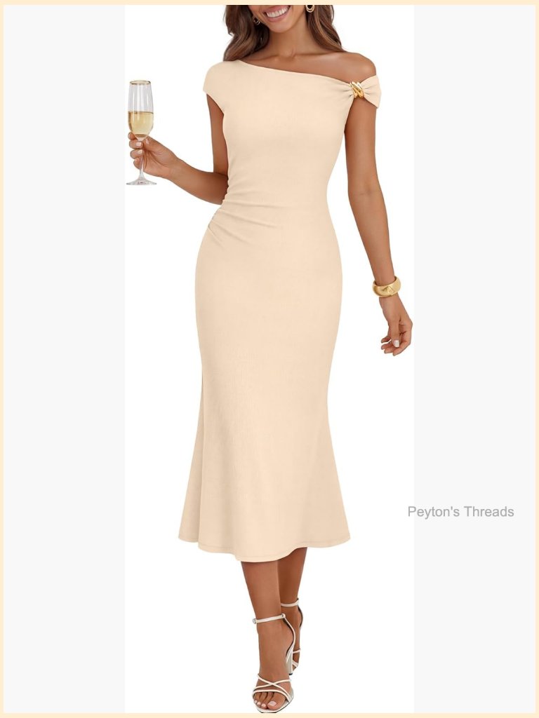 One Shoulder Midi Dress With Gold-Tone Embellishment